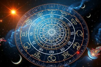 Asztrológiai kör diagram csillagokkal és bolygókkal