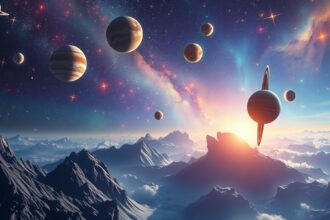 Bolygók és csillagok az éjszakai égbolton, asztrológiai szimbólumokkal.