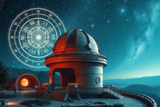 Asztrológiai obszervatórium csillagokkal az égen, horoszkópok értelmezése.