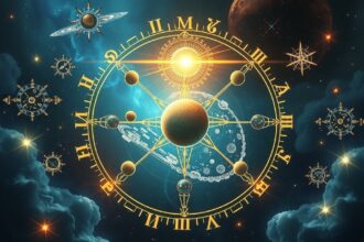 Asztrológiai sarokbolygók és konstellációk ábrázolása egy gyönyörű háttér előtt.