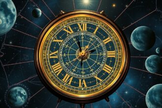 Sziderikus időt mérő óra az asztrológiában, égitestekkel körülvéve.