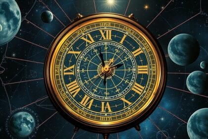 Sziderikus időt mérő óra az asztrológiában, égitestekkel körülvéve.