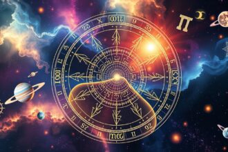 Asztrológiai szinasztria képlet felfedező ikonokkal és bolygókkal.