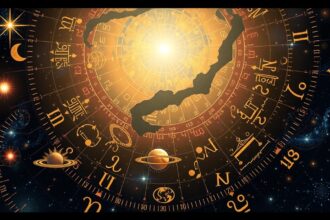 Születési horoszkóp térkép az asztrológiában, bolygóállásokkal.