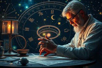 Asztrológus a horoszkóp elemzésénél, csillagokkal teli háttérrel.