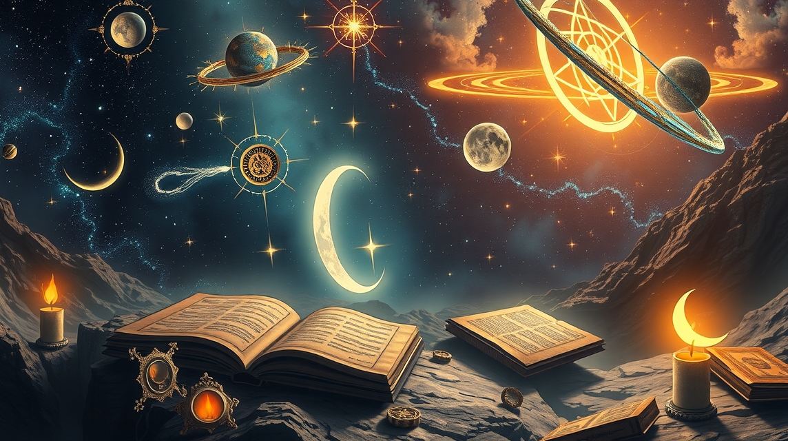 Asztrológiai szimbólumok, könyv és csillagok az égen.