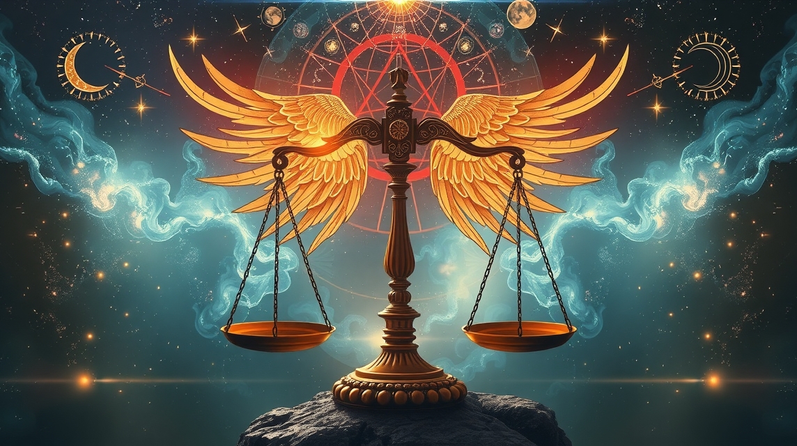 Aranyszárnyú mérleg, horoszkóp és csillagjegyek képe.