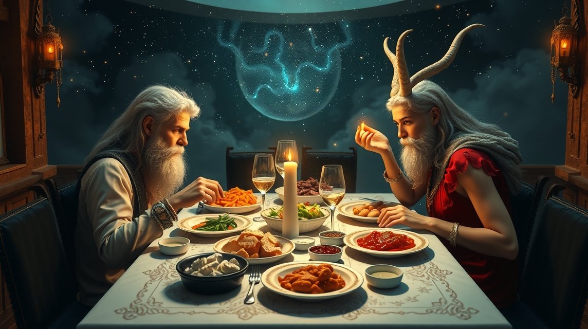 Két ember étkezik egy csodás asztalnál, gazdag étkekkel, csillagos háttér előtt.