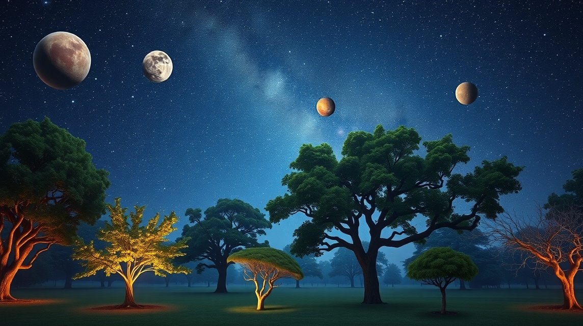 Éjszakai égbolt fák alatt, bolygók a háttérben