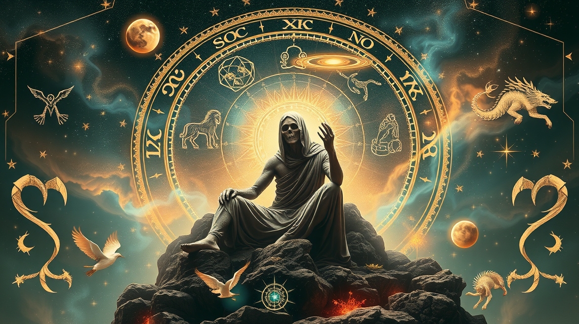 Asztrológiai szimbólumok körül ülő figura a halálnemek témájában.