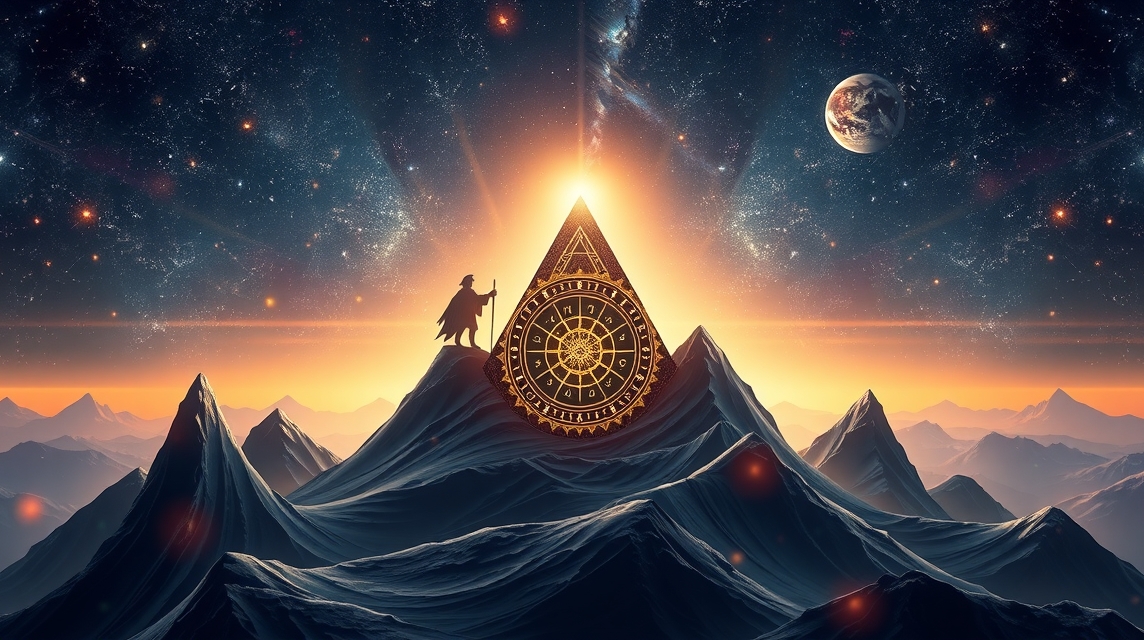 Asztrológiai házcsúcsok szimbóluma hegycsúcsokon, csillagok alatt.