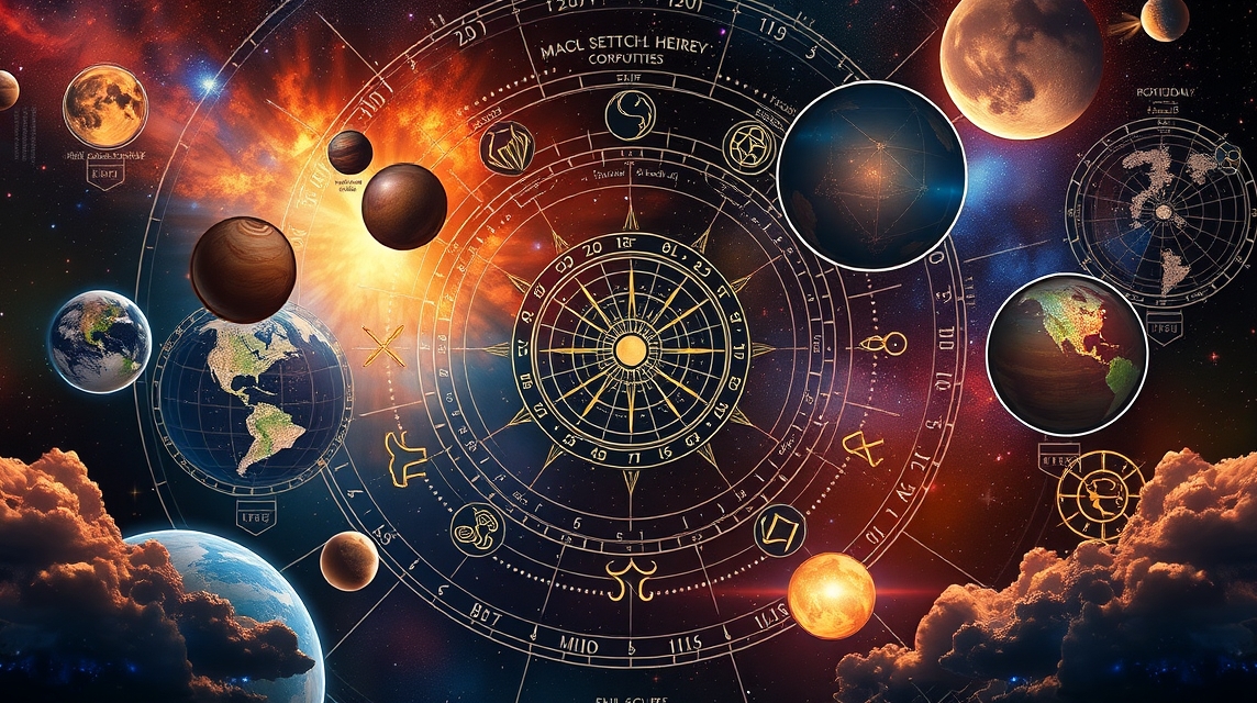 Asztrológiai térkép bolygókkal és csillagjegyekkel.