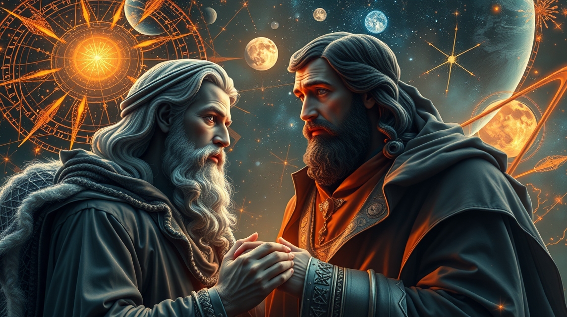 Két asztrológus a csillagok alatt, bolygók és horoszkóp háttérrel.
