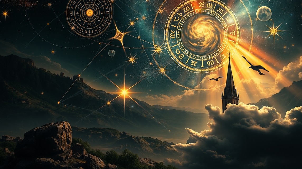 Asztrológiai szimbólumokkal teli festmény éjszakai tájban