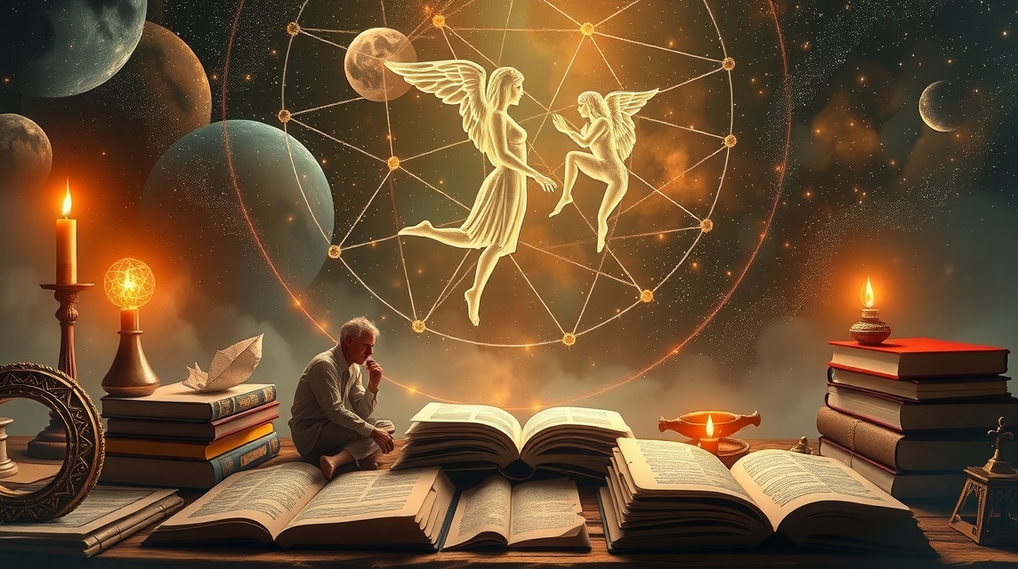Álom idősebb férfi könyvekkel és angyali lényekkel, melyek kommunikációra ösztönöznek.