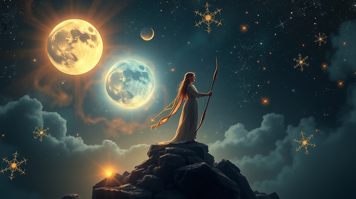 Nő ősi ruhában, nyíllal és láthatatlan tartalmak az éjszakai égen.