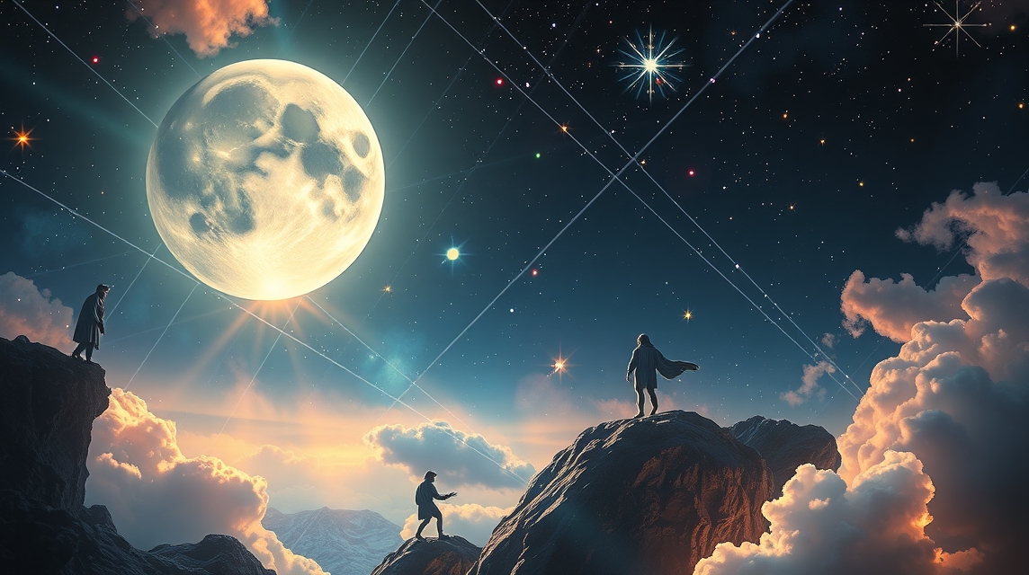 Holdcsomópont a Szűz csillagjegyében, éjszakai égbolt és hegyek.