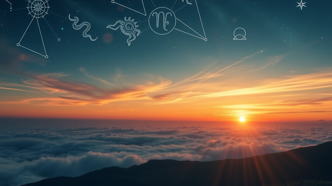 Naplemente csillagképekkel az égen, asztrológiai szimbolikával.