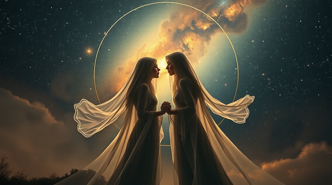 Két nő egymással szemben áll, az ég csillagokkal telített háttér előtt.