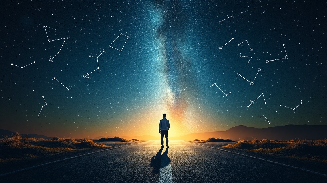 Férfi áll az úton, csillagokkal az égen, horoszkóp téma.