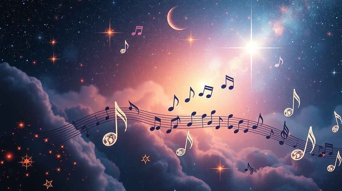 Csillagos ég és zenei noták egy szimbolikus asztrológiai világban.