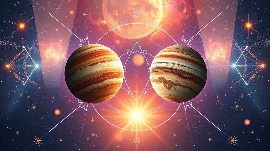 Két bolygó a csillagok között, asztrológiai szimbólumokkal.