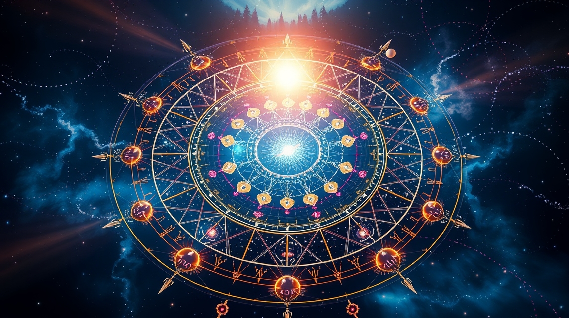 Asztrológiai konfigurációk bolygók és házak körben elrendezve