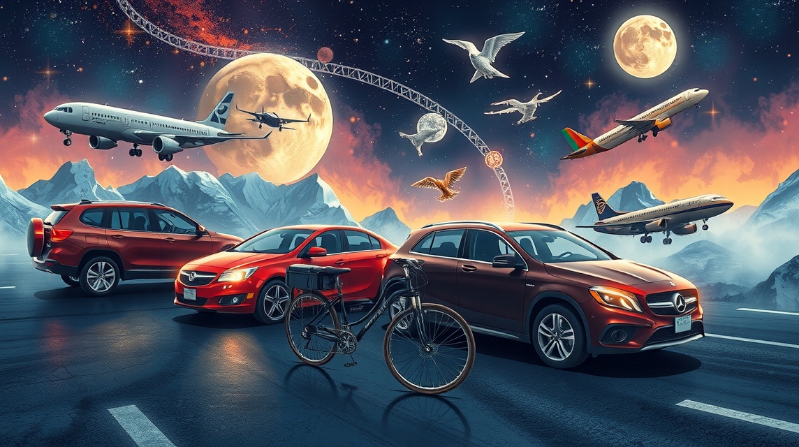 Különféle közlekedési eszközök és asztrológiai szimbólumok egy képen.