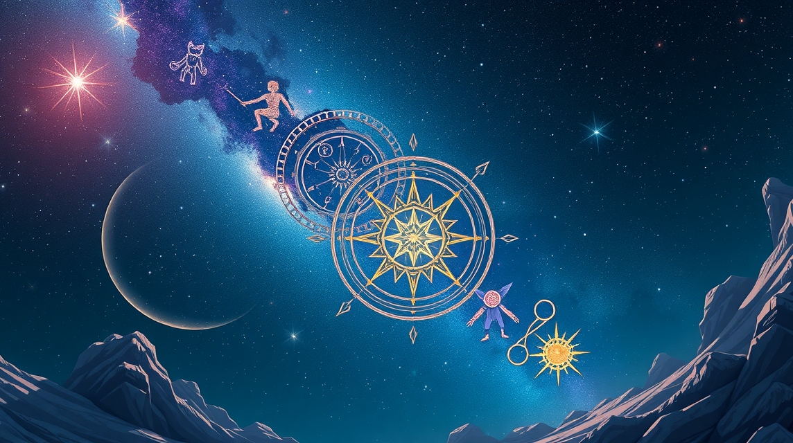 Asztrológiai szimbólumok és csillagjegyek az éjszakai égen.