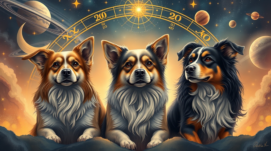 Három kutya asztrológiai háttérrel, amelyek a csillagjegyek jellemzőit szimbolizálják.