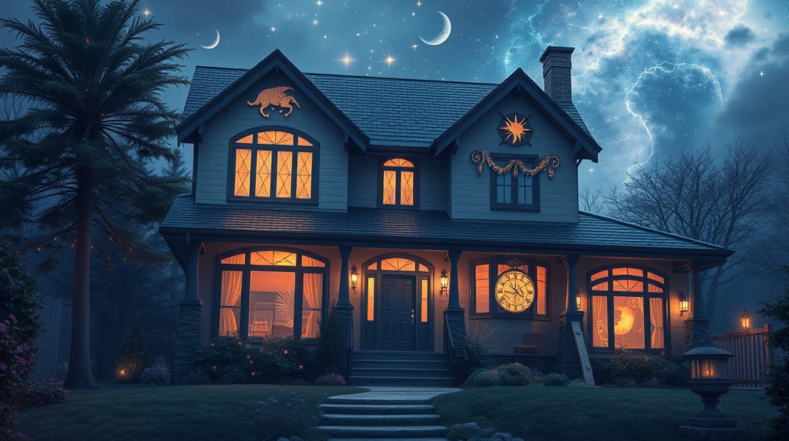 Csodálatos ház csillagos éjben, az otthon és biztonság szimbóluma.