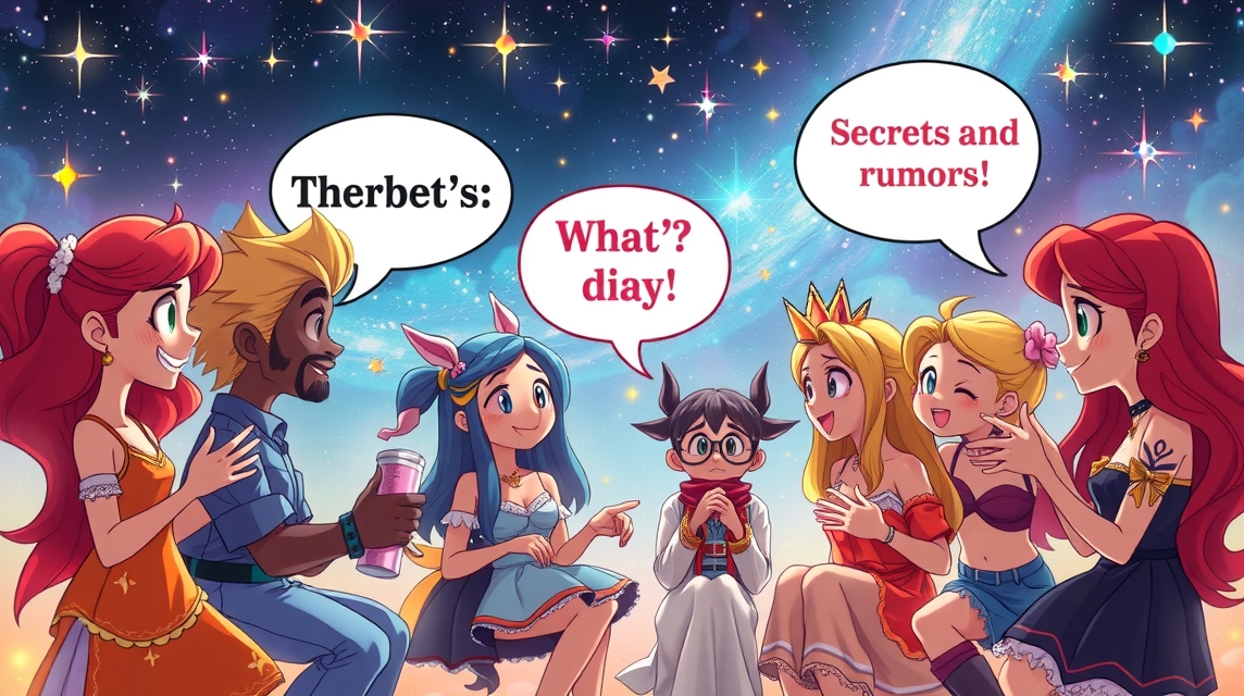 Színes grafika pletykáló karakterekkel az éjszakai égbolt alatt.