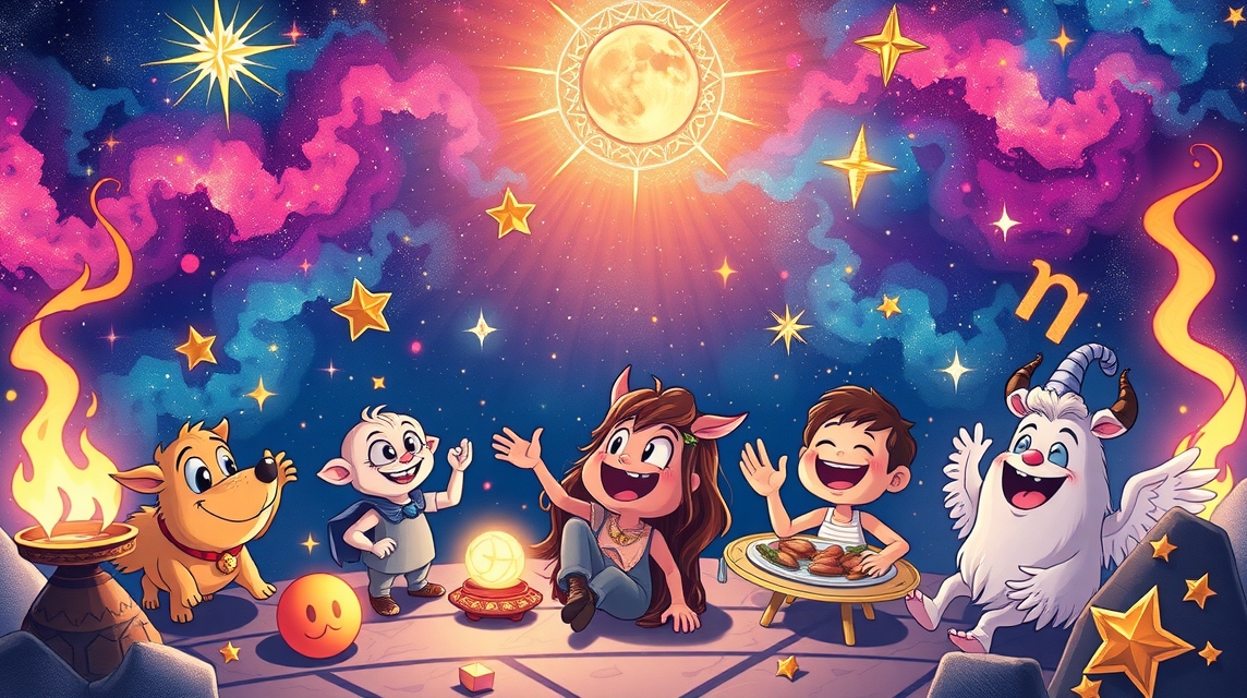 Vicces csillagjegyek gyülekezete a csillagok alatt