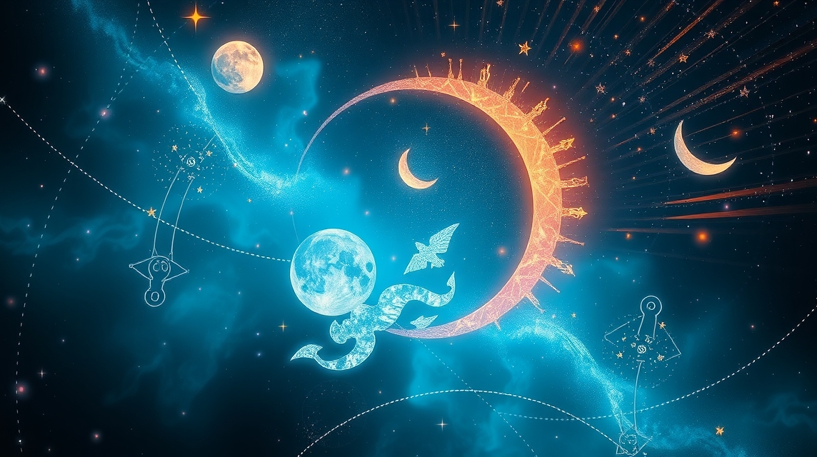 Asztrológiai szimbólumok és égitestek a leszálló holdcsomópont témájában.