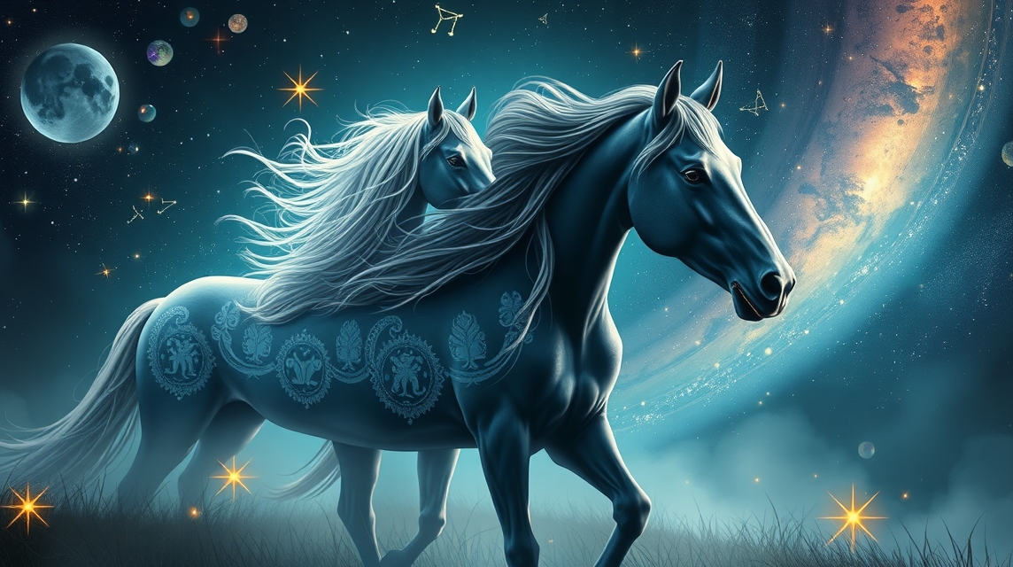 Asztrológiai lovak a csillagok között, szabadság és mozgás szimbóluma.