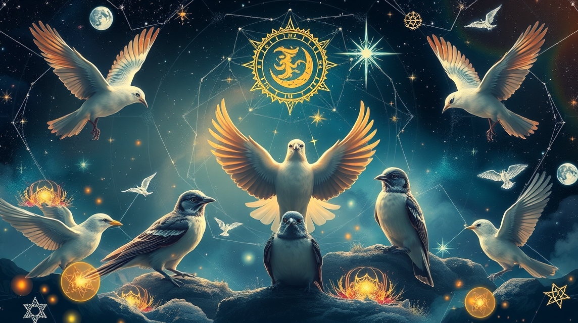 Asztrológiai madarak: galamb, holló és sas szimbólumokkal.