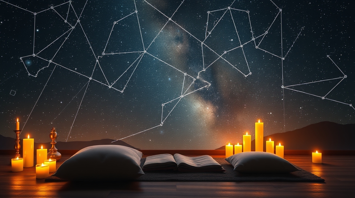 Meditációs tér csillagokkal és gyertyákkal az éjszakai égbolton.