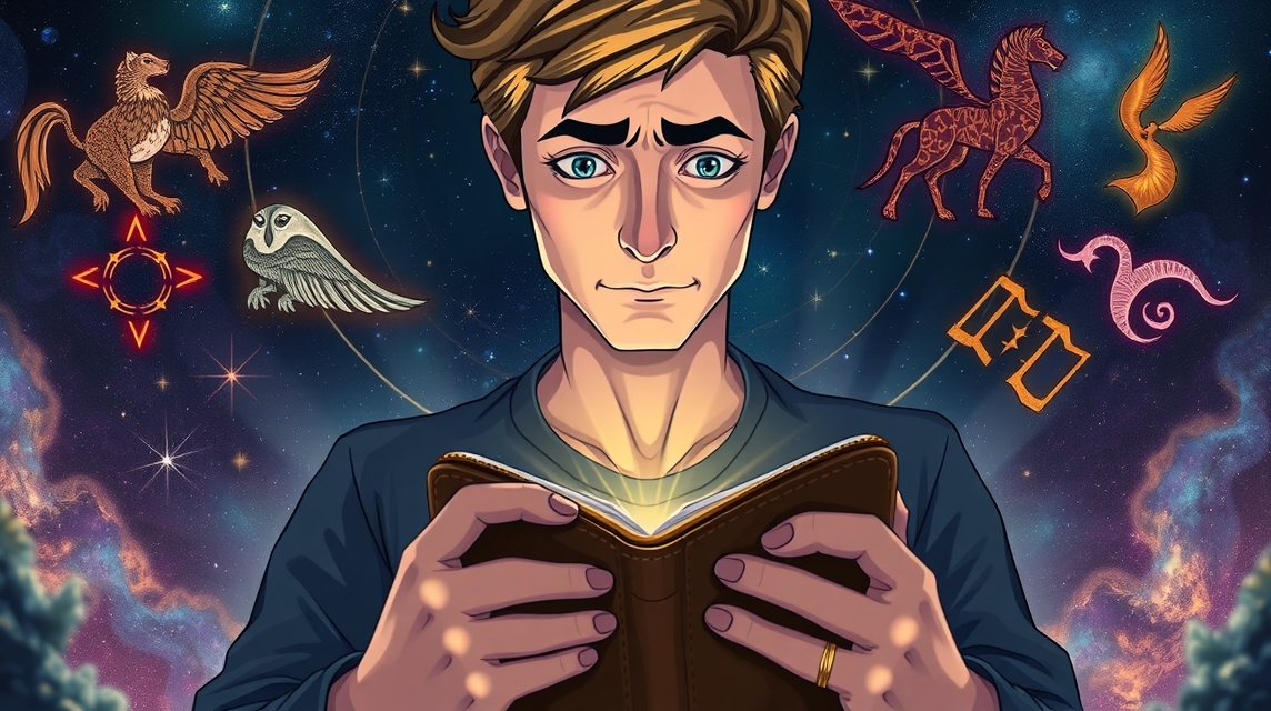 Fiatal férfi pénzügyi horoszkóp könyvet olvas a csillagok alatt.