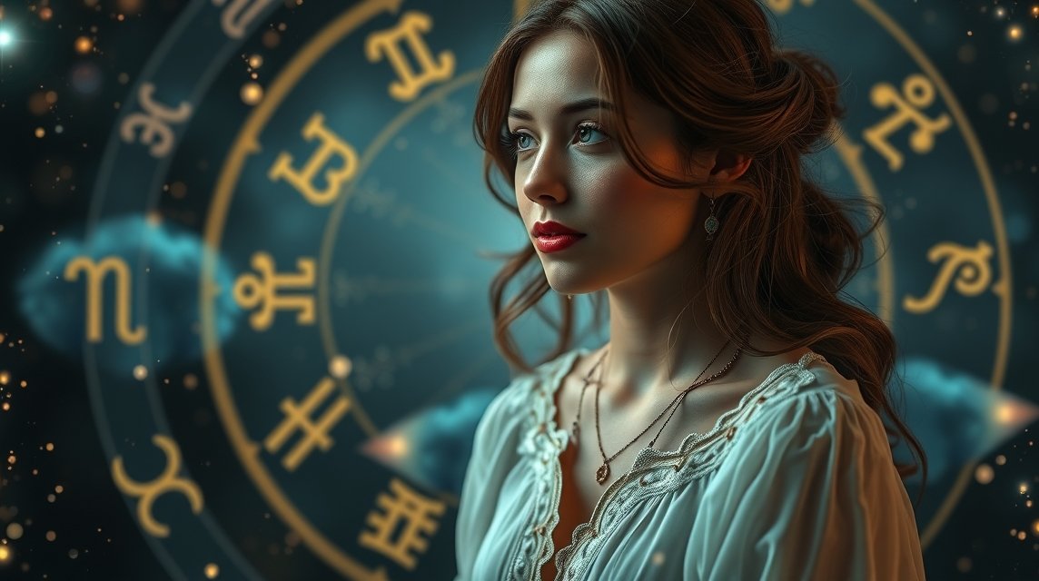 Nő asztrológiai háttérrel, aki a csillagjegyekről álmodozik