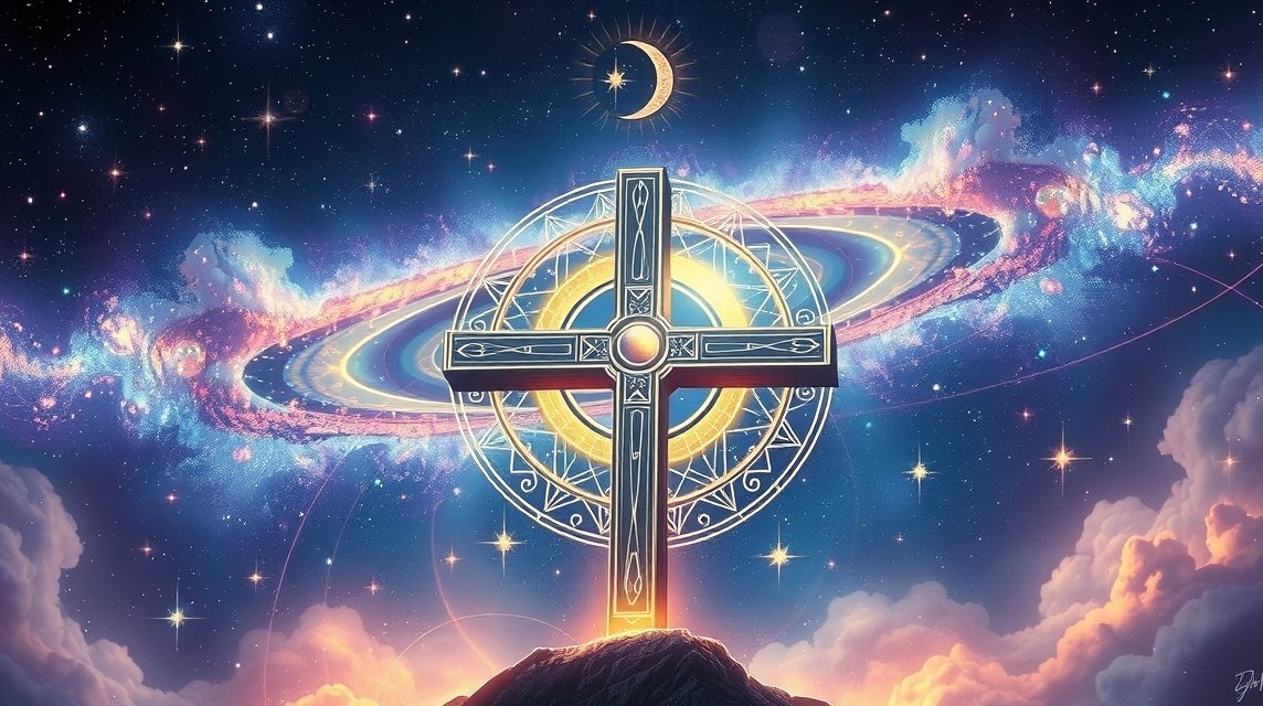 A mozgó kereszt szimbolikája az asztrológiában, galaktikus háttérrel.