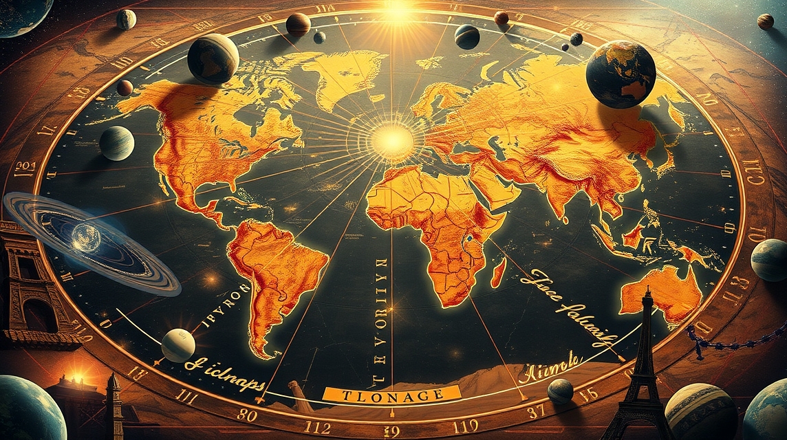 Mundán asztrológiai térkép bolygókkal és kontinensekkel