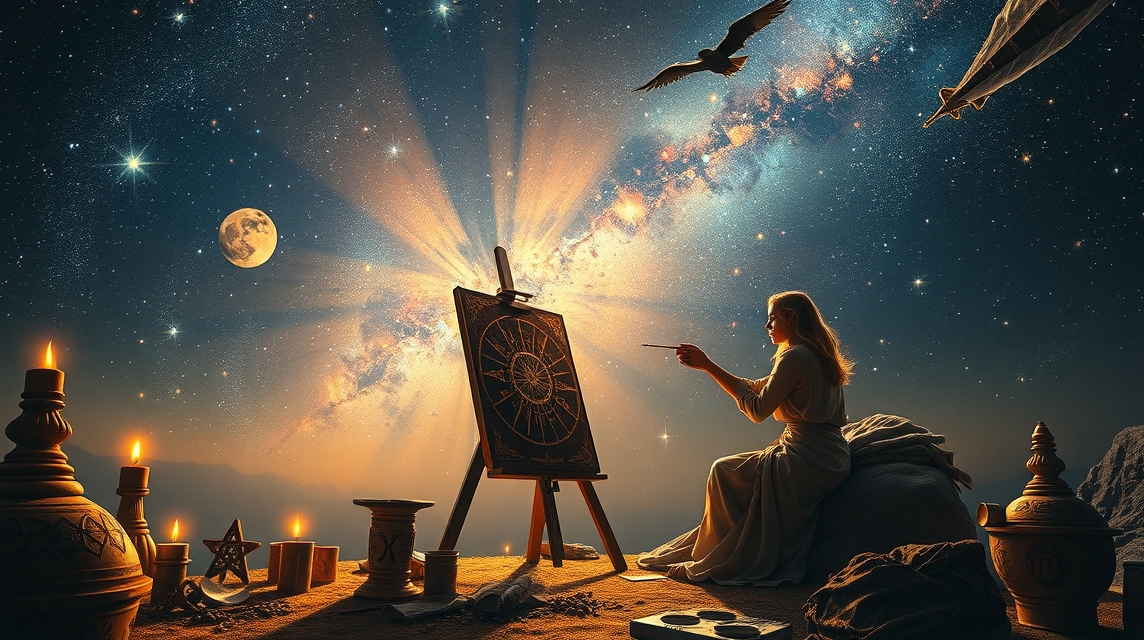 Művész asztrológiai inspirációval, csillagok és galaxis háttérrel.