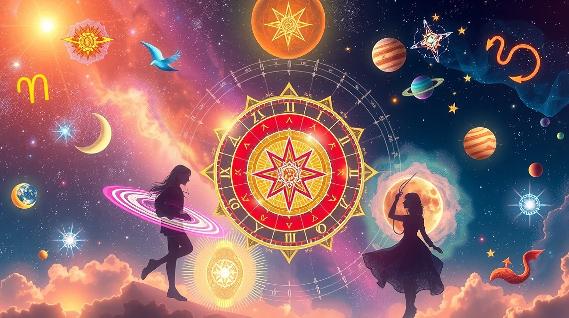 Asztrológiai képi ábrázolás, bolygók és zodiákus jelek energetikai hatásai.