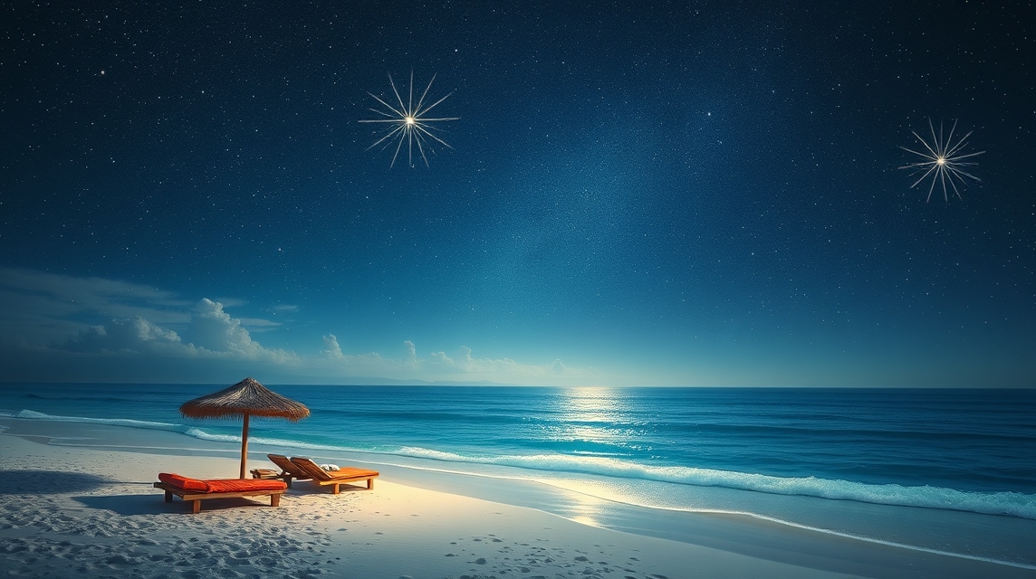 Két napernyő a tengerparton csillagos éjszaka alatt