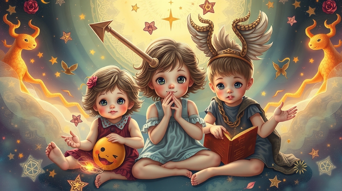 Három gyermek, akik a csillagjegyek jellemzőivel játszanak.