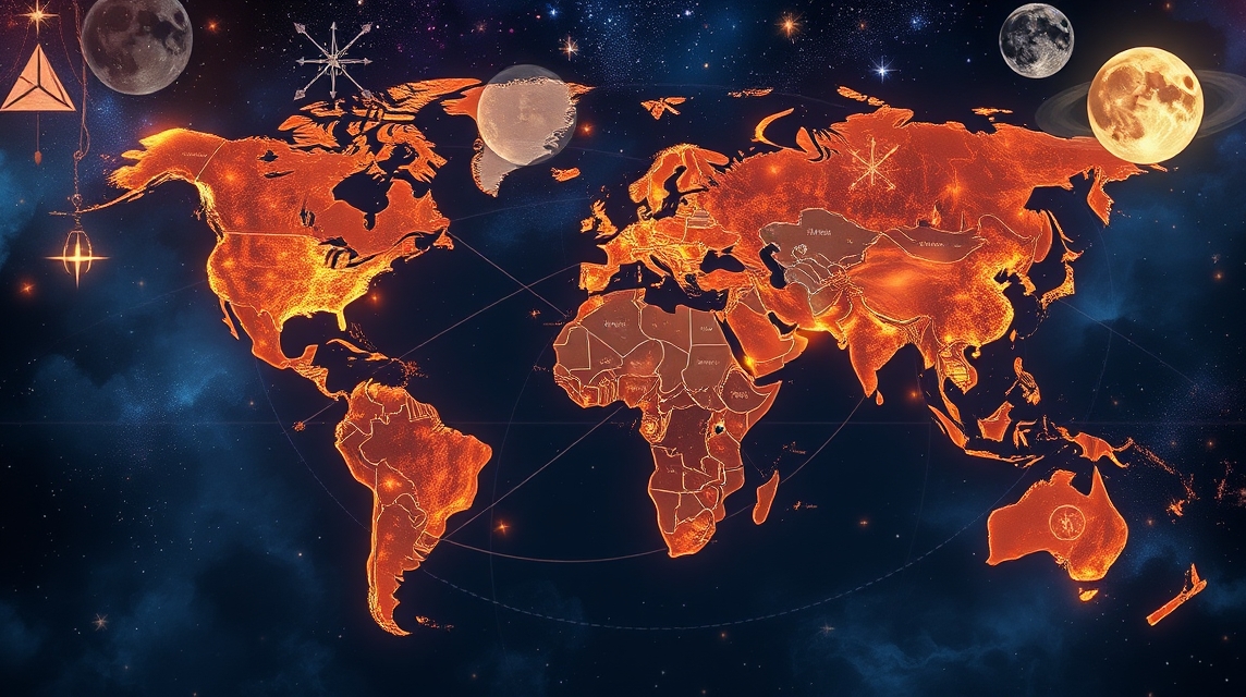 A világ térképe az asztrogeográfia szimbolikájával.