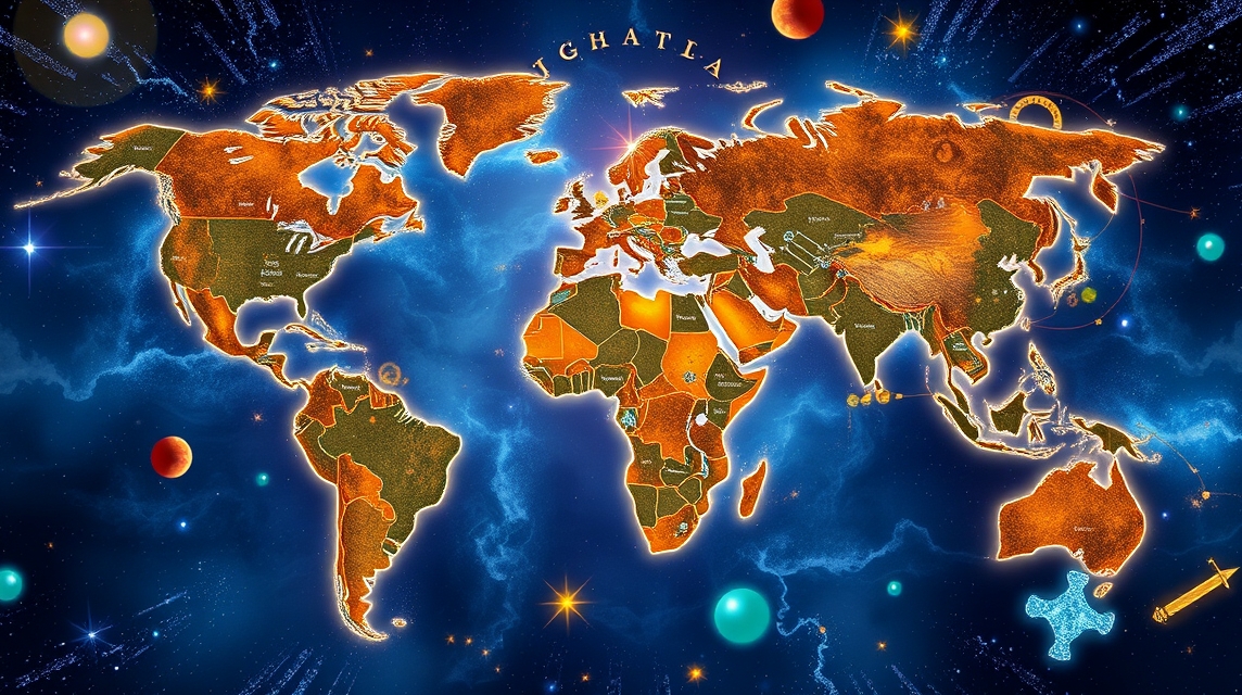 Világtérkép asztrológiai elemekkel, országok és városok horoszkópjával.