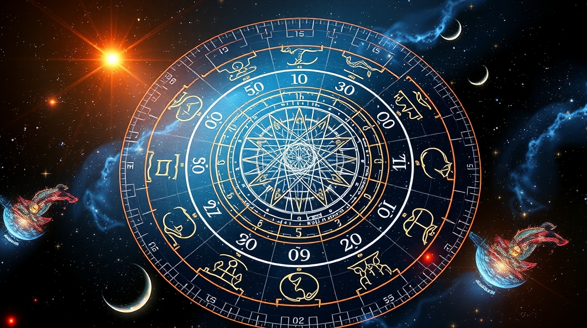 Asztrológiai kör diagram csillagokkal és bolygókkal