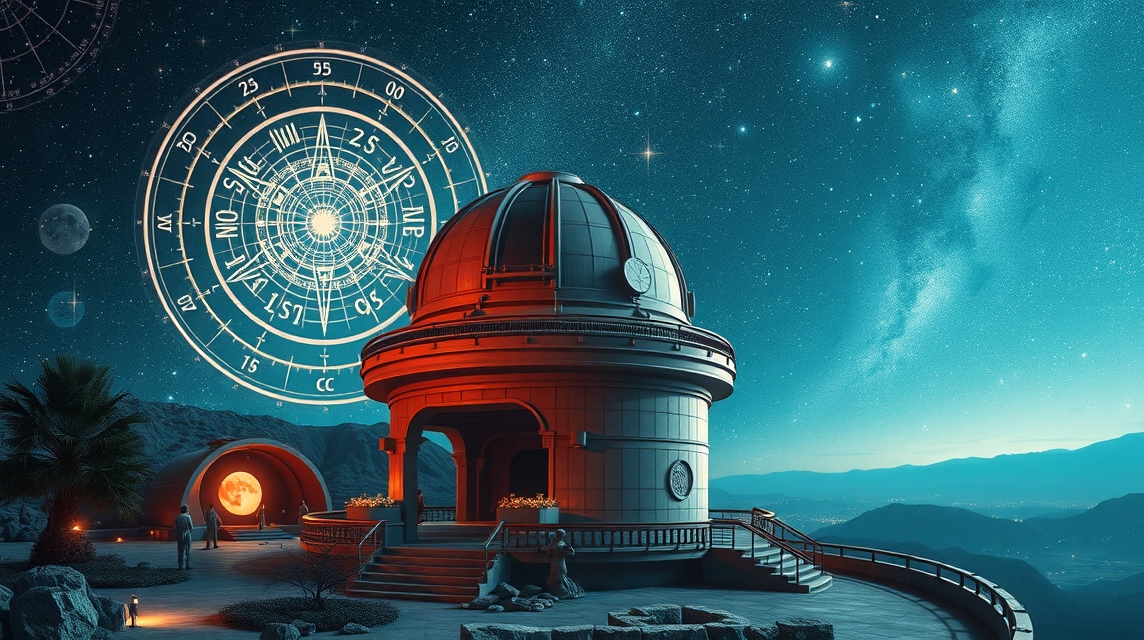 Asztrológiai obszervatórium csillagokkal az égen, horoszkópok értelmezése.