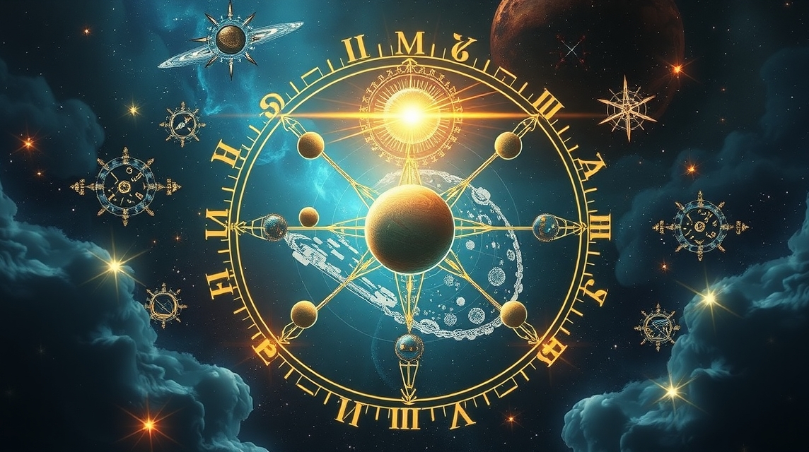 Asztrológiai sarokbolygók és konstellációk ábrázolása egy gyönyörű háttér előtt.